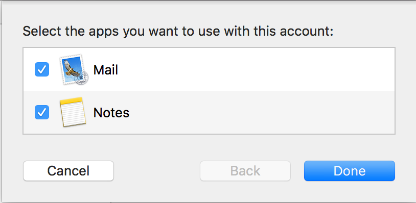 Select the apps the mail account uses